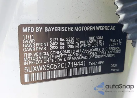 2012 BMW X3 xDrive28I из США, поврежденный, VIN 5UXWX5C52CL719441